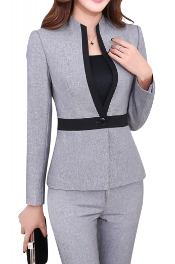 This womens custom made light grey pant suit in Sea Island Cotton is an ideal choice for classy women who like to keep things stylish at work. It has a beautiful full-length bespoke suit pants and a single breasted suit jacket. The womens tailor made suit pants have standard belt loops with a comfortable two point button and hook closure. The elegant womens bespoke slim fit jacket features an iconic standup collar with black satin-lined edges and a black front closure button for grace and comfort like never before.
