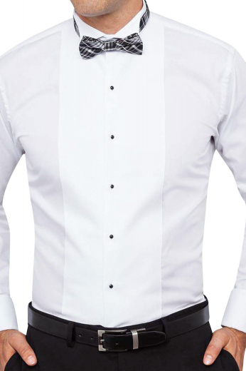 This iconic mens handmade tuxedo shirt in white is perfect for the wedding season. Whether it's a cocktail event or a reception party, this mens bespoke tuxedo shirt will keep you stylish and comfortable. It features a stellar wing tip collar and a placket front adorned with black buttons to close. This mens tailor made tuxedo shirt in cotton has a slim cut fit with squared edge French cuffs and is an invaluable addition to upgrade your wardrobe of premium quality tuxedos at affordable rates.