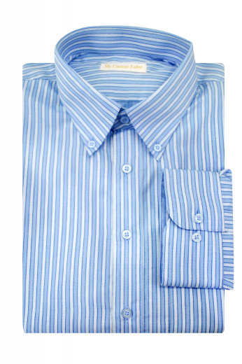 This stunning mens handmade white and blue cotton shirt with beautiful stripes is perfect for meetings and interviews. It is a super luxurious mens tailor made dress shirt with a European Narrow Forward Point Collar adorned with 2 1/2 inch collar points. This mens bespoke dress shirt with a plain back and placket front is a must buy iconic garment with hand sewn rounded barrel cuffs for class and sophistication.
