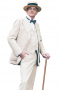 This stylish mens handmade off white three piece suit is fabricated with pure alpaca wool. It is a collective combo of 1 mens bespoke suit pant, 1 mens handmade vest, and 1 mens custom suit jacket. The mens custom pant has a flat front with hand sewn cuff hems at the bottom. The mens bespoke vest features a stylish satin back with an adjustable buckle and 5 front closure buttons. The mens bespoke suit jacket has notch lapels, 2 rounded lower patch pockets with flaps, and 1 upper welt pocket.