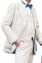 This stylish mens handmade off white three piece suit is fabricated with pure alpaca wool. It is a collective combo of 1 mens bespoke suit pant, 1 mens handmade vest, and 1 mens custom suit jacket. The mens custom pant has a flat front with hand sewn cuff hems at the bottom. The mens bespoke vest features a stylish satin back with an adjustable buckle and 5 front closure buttons. The mens bespoke suit jacket has notch lapels, 2 rounded lower patch pockets with flaps, and 1 upper welt pocket.