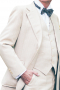 This stylish mens handmade off white three piece suit is fabricated with pure alpaca wool. It is a collective combo of 1 mens bespoke suit pant, 1 mens handmade vest, and 1 mens custom suit jacket. The mens custom pant has a flat front with hand sewn cuff hems at the bottom. The mens bespoke vest features a stylish satin back with an adjustable buckle and 5 front closure buttons. The mens bespoke suit jacket has notch lapels, 2 rounded lower patch pockets with flaps, and 1 upper welt pocket.