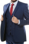 Pull off a handsome formal look with this stunner mens handmade three piece blue suit made with cotton and wool. It puts to display a stylish slim fit mens bespoke pant, an elegant mens tailor made vest, and a slim fit mens custom blazer. The sophisticated mens custom pant has extended belt loops with a 2 point hook and button closure. The stellar mens custom vest has 4 front closure buttons. The iconic mens handmade blazer is an enthralling display of 2 lower flapped pockets, 1 upper welt pocket, and 2 front closure buttons.