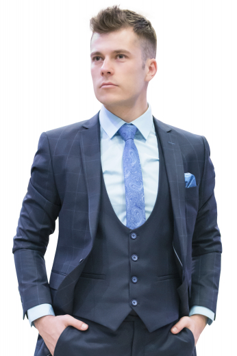 This iconic mens handmade three piece suit in blue, made with alpaca wool, is an ideal office wear. It consists of a mens custom suit pant, a mens bespoke vest, and a mens tailor made blazer. The mens bespoke pant flaunts extended belt loops for comfort and a stylish two point button and hook closure. The mens custom made vest has a curved U-neck pattern with a 4 front button closure. The mens bespoke suit jacket is an elegant slim fit garment with a checkered pattern and 2 front closure buttons.