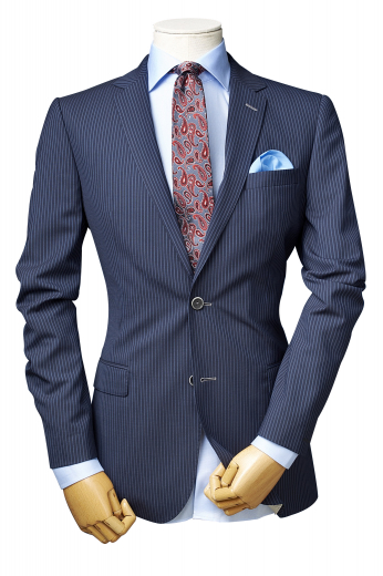 Let the jingle of style ring in your boring corporate life with this mens handsome custom made blue blazer in alpaca wool. It puts to display a stunning array of vertical stripes that are heart-stoppingly elegant. This made to order mens custom blazer is a slick slim fit formal that is adorned with 2 buttons for front closure, notch lapels, one upper welt pocket, and two lower flapped pockets. Order online at My Custom Tailor to wear this impressive blazer for every important meeting and interview.