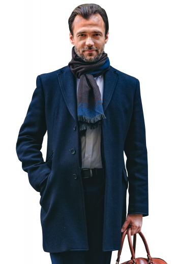 This men's dark cerulean coat is tailor made in a fine wool and tweed and cut to a slim fit, featuring a single breasted button closure, slanted pockets, and edge stitched lapels. It is a fashionable coat, sure to become a favorite in your winter wardrobe!