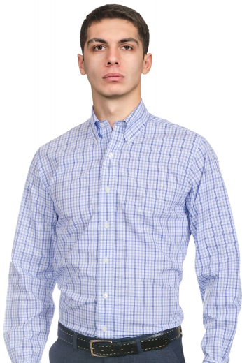 This men's plaid blue and white shirt is tailor made in a fine italian linen and cut to a slim fit, featuring a button down collar and rounded barrel cuffs. It is a perfect office wardrobe staple, made to fit you perfectly.