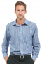 This men's slim cut blue striped button down is custom made in a fine linen blend and features an ainsley collar and rounded barrel cuffs. 