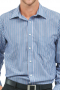 This men's slim cut blue striped button down is custom made in a fine linen blend and features an ainsley collar and rounded barrel cuffs. 