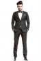 This men's pant suit is tailor made in a fine wool blend and cut in a slim fit, featuring notch lapels, single breasted button closures, fabric covered buttons, and hand sewn cuffs.