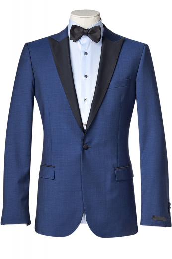 This men's pant suit is tailor made in a fine wool blend and cut in a slim fit, featuring notch lapels, single breasted button closures, and satin peak lapels.
