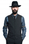 This black men's vest is tailor made in a wool blend, featuring a single breasted closure, v neck, and flapped lower pockets. 