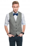 A stunning made to measure men's light grey slim cut vest is tailor made in a wool blend, featuring a single breasted closure and adjustable back buckle.