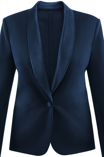This women's custom tailored midnight blue shawl collar jacket features a single breasted button closure and sleek sleeves. It is an elegant option for any day at the office. 