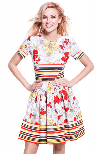 Style no.16972 - This women's retro inspired dress is perfect for the eccentric gal. It features short sleeves and a round neck, hitting just at the knee with a concealed zipper on the back. 