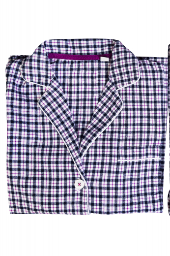 A custom made to measure women's soft checkered pajama set is tailor made to a perfect loose fit, comfortable for any night. This set is made up of a comfortable soft pair of long pants and a matching checkered top.