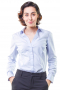Custom made white-washed pastel blue women's tailored formal shirt with rounded barrel cuffs and a hidden button front, this women's slim cut blouse features a beautiful Ainsley collar.