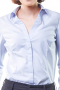 Custom made white-washed pastel blue women's tailored formal shirt with rounded barrel cuffs and a hidden button front, this women's slim cut blouse features a beautiful Ainsley collar.