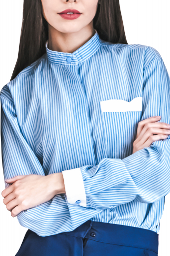 The classic pinstripe gets a lovely upgrade in this made to measure women's tailored blue and white formal blouse with a chic and stylish collar. This women's slim cut blouse is custom made with a mandarin collar, contrast color buttons and rounded barrel cuffs.