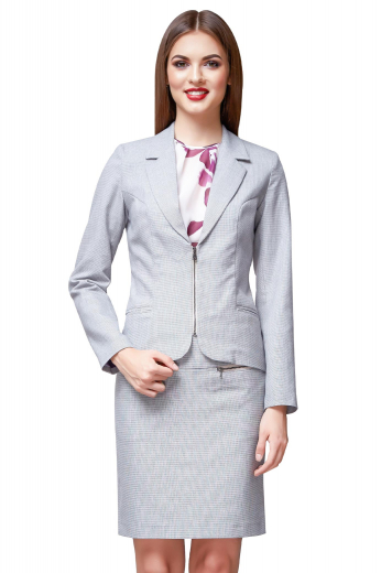 Style no.17165 - This beautiful grey suit is perfect for any business endeavor. Made to measure to a perfect fit, it features a classic single breasted blazer and a modest skirt. 