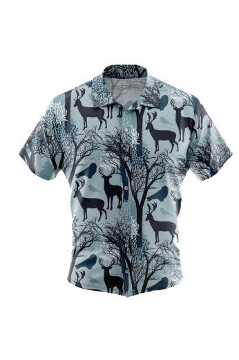 A stylishly festive icy blue men's custom tailored short sleeve dress shirt intricately designed with beautiful contrasting reindeer birds and trees. This men's made to measure dress shirt is great for a casual day out and also on vacation. This handstitched dress shirt will make a great addition to your collection.