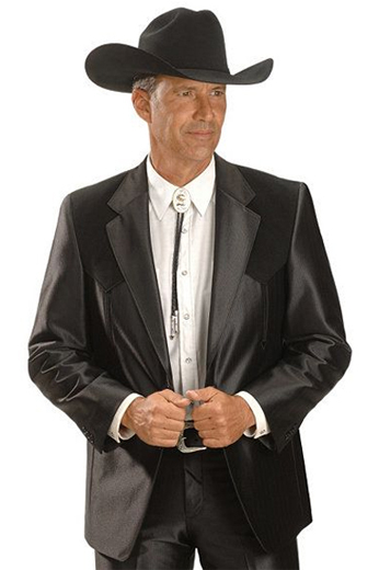 An extravagant men's professionally tailored single breasted western style suit in a classic black sheen made up of a made to measure pair of comfortable well ventilated bespoke suit pants matched with a hand tailored single breasted suit jacket designed with a modern elegant design for the sophisticated cowboy.