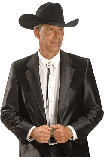 An extravagant men's professionally tailored single breasted western style suit in a classic black sheen made up of a made to measure pair of comfortable well ventilated bespoke suit pants matched with a hand tailored single breasted suit jacket designed with a modern elegant design for the sophisticated cowboy.