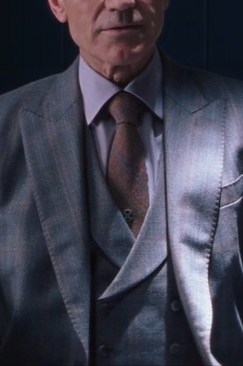Style no.20545 - Cosplay Xmen Three Piece Grey Stripe suit with 2 button front on Jacket, double breasted vest and plain front pants. A perfect iconic movie character costume.