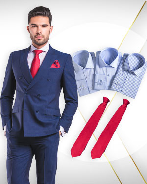 A Power Package - 1 Double Breasted Suit, 3 Cotton Shirts and 2 Neckties from our Exclusive Collections