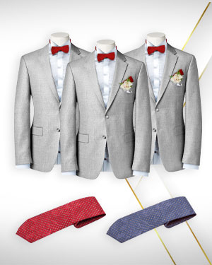 The Marriage of Three - 2 Groomsmen's Suits 1 Groom's Suit and 2 Neckties - for the Perfect Wedding - from fabrics in our Exclusive COLLECTIONS