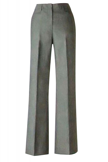 This custom-made formal pant with a high waist, is wrinkle proof. With two horizontal front pockets, extended belt loops and a zipper fly front closure, this flared gray pant is just what every working woman needs for comfort.