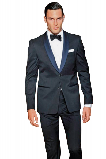 An elegant midnight blue tuxedo custom tailored to fit you in the most flattering manner. This single breasted tux jacket with its double piped pockets, two button design, and tapered waist design is paired with a pair of matching standard cut suit pants with slash pockets and double piped back pockets. This tuxedo is simple, modern, and sophisticated.