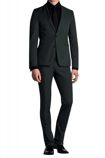 A custom made two button notch lapel suit jacket adorned with an upper welt pocket and two double piped pockets, perfectly paired with slim fit flat front pants with on-seam pockets and cuff hems. This virgin cashmere suit is an elegant ensemble.