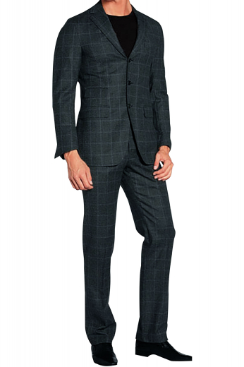 A single breasted three button suit jacket with high notch lapels, an upper welt pocket and a boutonniere on the left lapel is combined with custom-tailored flat front pants with on-seam pockets and cuff hems for an elegant finish.