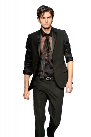 A hand-made single breasted suit jacket with satin peak lapels and a tapered waist paired with equally refined flat front suit pants for modern elegance.