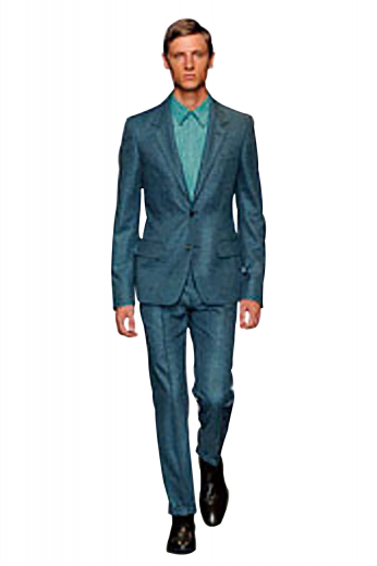 Flat front wool suit pants with slash pockets and hand sewn cuff hems completed by a classic two button jacket with rolled notch lapels and a stylish upper welt pocket.