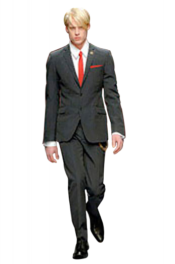 This charcoal wool and silk suit is a debonair ensemble with its subtle windowpane design. The hand-tailored suit jacket bound by two buttons has slim ruled notch lapels, an upper welt pocket, and two easy access lower pocket. The matching pants have a simple slim fit high waisted design with slash pockets.