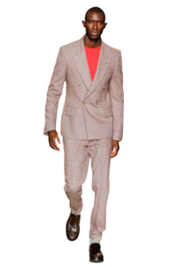 Light Brown mens double breasted wool suit custom made in a one button closure with four buttons in all - paired with flat front full leg narrow bottom dressy pants for the modern young fella look