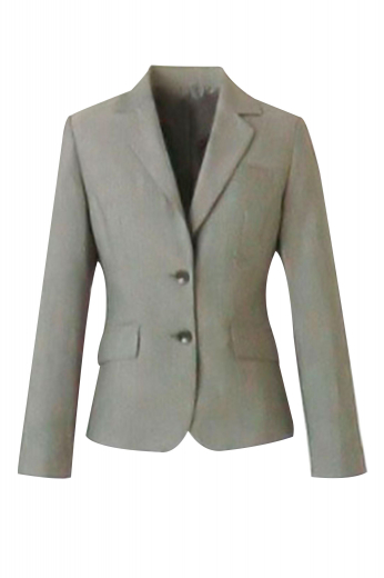 This formal bespoke womens blazer lays out a 2 ¾ inch wide notch lapel, two slanted lower pockets with flaps, two front closure buttons and hand molded shoulders. With a classic tapered waist, this stunning gray blazer displays a body contouring slim fit.