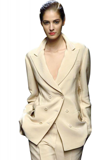 With pressed, wide peak lapels and detailed embroidery work on the sleeves, these cream custom jackets are impressive options for office going girls. Double breasted with six fabric covered buttons, three to close, they also display side vents, one upper welt pocket and two lower pockets with flaps. Tapered waist creates a breathtaking line silhouette impression. Cream suit pants with slash pockets and belt loops also embody a zip fly and a waistband with buttons. Hand sewn cuffs and hems offer style and comfort, both.