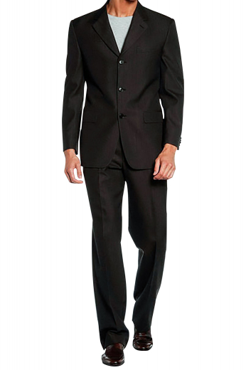 A merino wool blend mens suit made up of a single-breasted three-button suit jacket and high waisted suit pants with elegant slash pockets and hand sewed cuff hems.