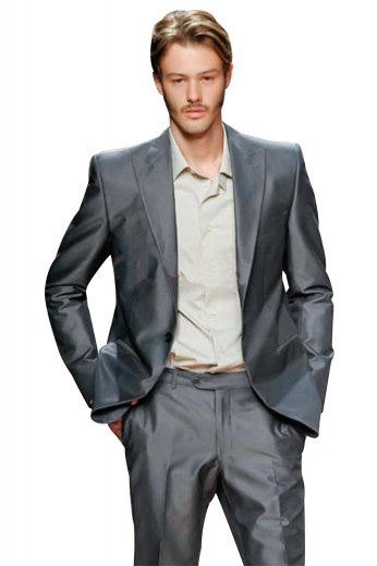 A made to measure men's suit made up of a single-breasted medium gorge one button suit jacket and custom tailored high waisted suit pants held up by a two-point button and hook closure waistband for adjustable comfort.