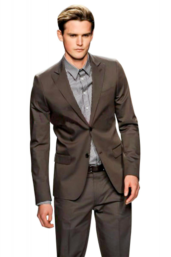 Slim fit flat front suit pants with slash pockets matched with a made to measure single breasted two button suit jacket with rolled peak lapels and a boutonniere. This suit is made from English virgin cashmere for a light summer wear.