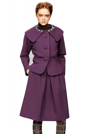 These stylish custom-made purple skirt suits display short length jackets and calf length skirts. The custom jackets with round necks sport shirt collar lapels and three fabric covered front buttons to close. The A line suit skirts flaunt box pleats, one vertical front pocket, concealed back zipper and a twisted center vent on the front. Order in wrinkle free wool and or cashmere for maximum comfort.