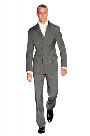 The youthful look is mastered in this fully custom made narrow peaked semi duckbill lapel high gorge three over six double breasted with curved quarters - fitted waist and three pockets - no vents - flat front pants -