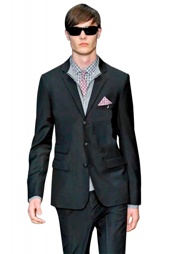 Hand tailored slim cut reverse pleat suit pants made with an elegantly handmade slim cut single breasted three button suit jacket with track stitched darts.