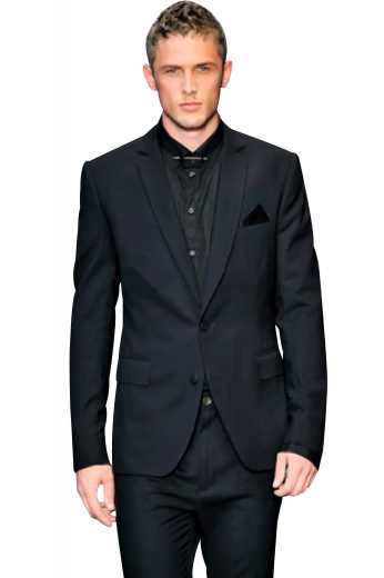 A hand-tailored premium ensemble made up of a slim cut single breasted two button suit jacket with an upper angled welt pocket and pressed notch lapels, matched with slim cut flat front suit pants.