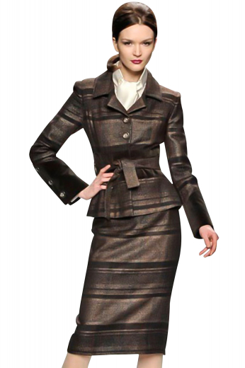 Body contouring ultra slim skirt suits with hip length jackets and calf length pencil skirts. The custom jackets look trendy with slim ruled notch lapels. With three buttons on the sleeves, these regal jackets close with two front buttons and a belt on the upper waist. The custom suit skirts display a back zipper, perfectly aligned with a center vent. With a flat front, these skirts are perfect for fashionable girls.