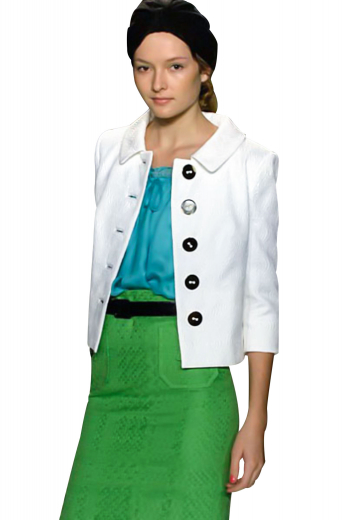 These stellar white jackets look classy with custom pencil skirts and formal flare leg suit pants. With five contrast front buttons and shirt collar lapel, these handmade slim jackets boast a distinctive squared bottom. Order in wrinkle free fabrics for comfort.