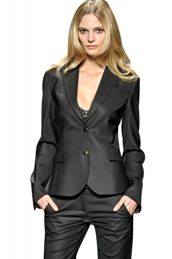 Handmade black pant suits with dazzling curved-front jackets and full length pants. Custom pants with flat fronts and two side pockets are comfortable everyday office formals. Custom jackets with two front buttons to close put to view two flapped lower pockets, soft shoulder paddings, surgeons sleeves and slim ruled notch lapels.